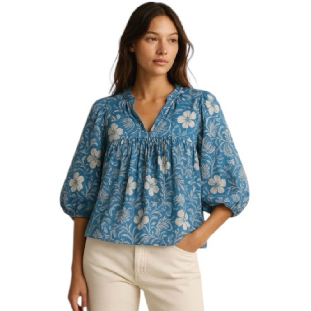 NWOT Karni Blue White Floral Block Batik Print Peasant Balloon Sleeve Top Blouse - Picture 1 of 6